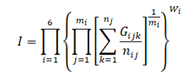 Fórmula de càlcul de l'índex I. L'índex s'obté multiplicant sis factors, un per a cada dimensió, numerades de l'u al sis. Cada factor es calcula multiplicant, per a cada categoria j, la suma dels quocients entre l'indicador G amb subíndex i, j, k i el valor n amb subíndex i, j, per a tots els valors de k des de l'u fins a n amb subíndex i. Aquesta suma s'eleva a la potència u dividit per m amb subíndex i. Finalment, cada factor s'eleva al pes corresponent w amb subíndex i.